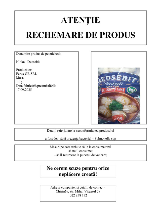 Lot de hinkali marca „Deosebit”, retras din comerț din cauza contaminării cu Salmonella